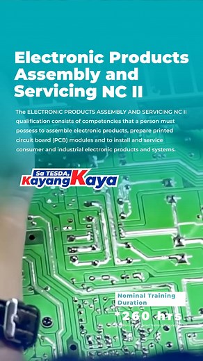 Ready to become an expert in electronics? ⚙️💡 Enroll in TESDA’s Electronic Products Assembly and Servicing NC II course and gain the skills to assemble electronic products, prepare printed circuit board (PCB) modules, and install or service consumer and industrial electronic systems. With recognized certification and practical training, you can confidently pursue a career as an electronic products assembler, service technician, or production worker. #SaTESDAKayangKaya #LearnWithTESDA | TESDA