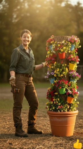 Transforming a rustic tree into a beautiful flower planter a creative DIY backyard upgrade #flowers