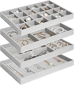 Jenseits Set of 4 Stackable Jewelry Organizer Trays for Drawers, Jewelry Drawer Inserts with Removable Dividers, Velvet Jewelry Container Display Case Storage for Earring Necklace Rings Bracelet, Grey