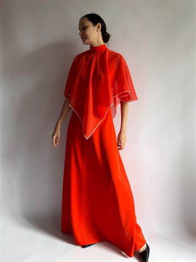 1970s Red Maxi Dress With Chiffon Capelet - Made in England - Etsy