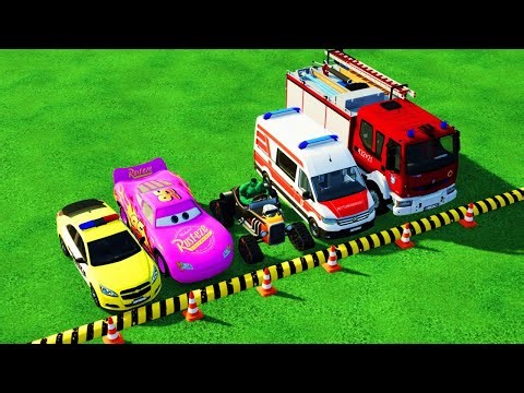 VOLKSWAGEN, MCQUEEN, DACIA POLICE CARS, AMBULANCE & MERCEDES FIRE TRUCK VEHICLES TRANSPORTING ! FS22