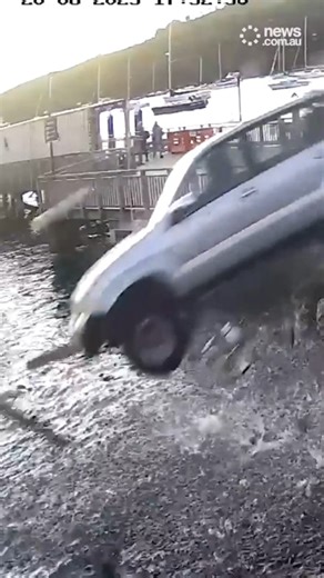 Dramatic moment car flies off ferry terminal in NZ