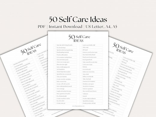 50 Self-care Ideas Printable Worksheet (PDF/US Letter/a4/a5) - Etsy