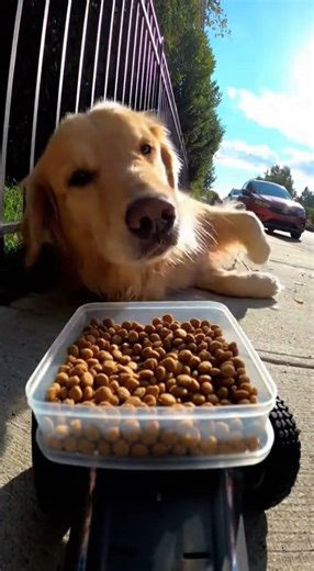 The remote-controlled dog food truck has spotted a greedy golden retriever lying by the roadside😂