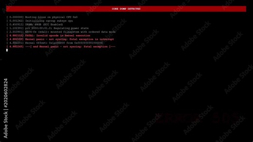 Core Dump Detected Red Error Screen with Linux Kernel Panic Fatal Exception and Memory Stack Trace Diagnostic HUD.
