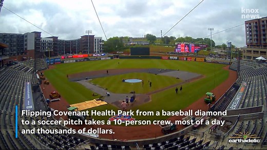 Watch the Knoxville Smokies baseball field transform into the One Knoxville SC soccer field in under 30 seconds. In reality, it took 12 hours, 10 workers and 15,000 square feet of sod to turn Covenant Health Park into a soccer venue. Read more about the field conversion through the link in comments. ✏️: Joanna Hayes 🎥: Provided by Earthadelic | knoxville.com