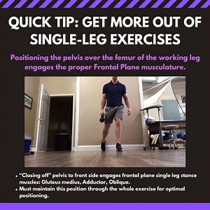 ‼️FIX YOUR SINGLE-LEG POSITIONING‼️ - 💪🏻When performing single-leg (and even some single-arm) exercises, it’s important to consider stance and how the pelvis should be positioned to maximize the exercise benefits. - ✅For example, in a lunge, one leg is forward, which translates to early stance in gait on that side. In early-stance gait, we take a step forward and the hips turn toward that foot into Acetabular-Femoral Internal Rotation (AFIR) as weight is shifted over towards that foot and side