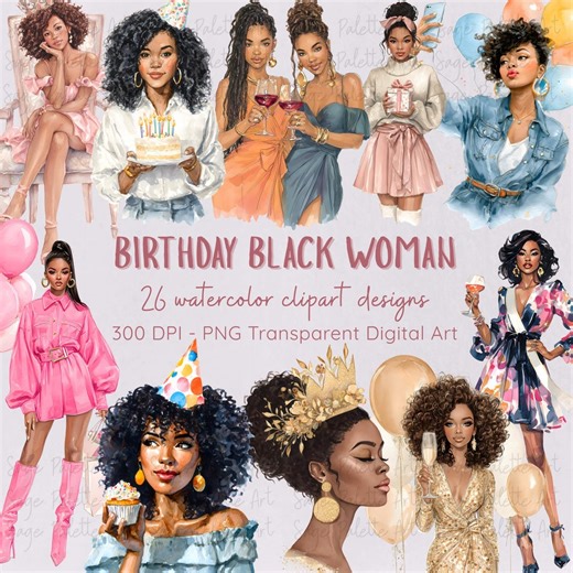 Black Woman Birthday Clipart | Watercolor Fashion Illustrations (PNG Digital Download) - Etsy