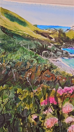 Castle Arts Academy on Instagram: "Hannah’s Cornish Headland artwork is complete, filled with soft textures, layered colour and calm coastal detail 🎨🌊 See how she builds scenes like this step by step and learn to create your own mixed media landscapes at Castle Arts Academy. Discover more at https://www.castlearts-academy.com"