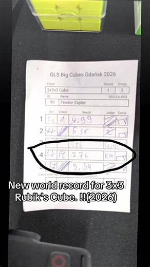 Teodor zajder,đã lập lục giải rubik 3x3 thế giớ mới trong 2,76 giây trong quý đầu, năm 2026 🤯🤪#rubikscubemagic #rubikscube #rubikscubechallenge #rubik #xuhuong