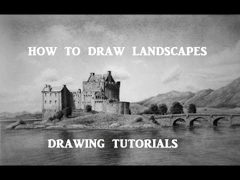 How to Draw Landscapes, Castle and Mountain Scene with Bridge and Water Reflections