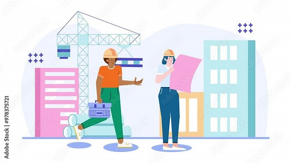 Illustration of construction workers discussing blueprints at a building site animated video