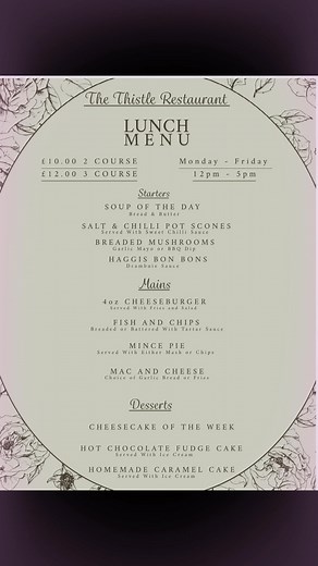 Kitchen Open 12pm - 7/8pm… Bar open 12pm-11pm Lunch Menu 12pm-5pm 2 Course £10 3 Course £12 Best home cooked food around on this wet and dreich day… The Thistle Bar & Restaurant 1 Bore Road ML6 6HU 01236379865 | The Thistle Bar Airdrie