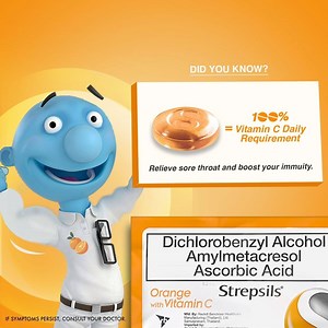 Alam niyo ba na with one lozenge, makakatulong marelieve ang inyong sore throat at makukuha mo pa ang 100% Vitamin C daily requirement ng iyong katawan? Take Dichlorobenzyl Alcohol Amylmetacresol Ascorbic Acid (Strepsils) Orange with Vitamin C to help relieve sore throat and boost your immunity. #wishyouhadStrepsils For more information, visit https://www.strepsils.com.ph/products/sore-itchy-throat/orange-with-vitamin-c-8s/ You may purchase online at: https://www.watsons.com.ph/dichlorobenzyl-al