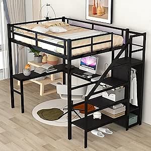 Full Size Loft Bed with Desk and Storage Stairs, Heavy Duty Loft Bed with Stairs, Wardrobe, Adjustable Shelf and Charging Station, Led Loft Bed for Kids, Teens, Adults, Black Loft Bed Full Size