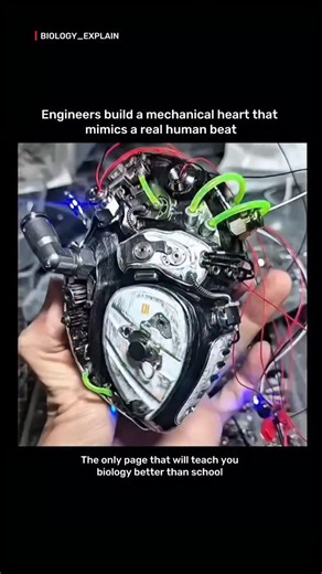 medical / biology explain on Instagram: "Engineers have developed a mechanical heart that replicates the movement of a human heart, expanding, contracting, and pumping fluid in the same rhythm. This device, created using soft robotics and 3D bioprinting, allows researchers to study pressure, flow, and motion interactions and is used to test new medical treatments and implant designs. It provides a safe alternative to human trials for understanding heart conditions and evaluating new medical tech