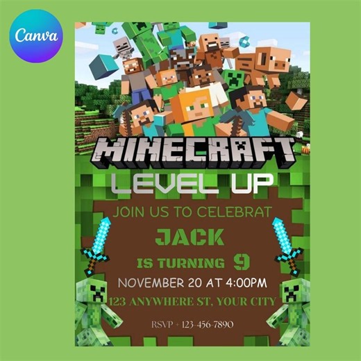 Minecraft Birthday Invitation, Canva Editable Template, Digital Download, Minecraft Birthday Invitation Card, Gamer Party Invite - Etsy