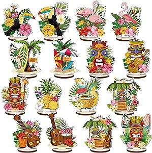 Wesiti 16 Pcs Hawaiian Tiki Bar Table Sign Centerpieces Luau Decor Hawaiian Aloha Party Wooden Sign Summer Tropical 3D Flamingo Farmhouse Table Decorations for Housewarming Welcome Party Supplies