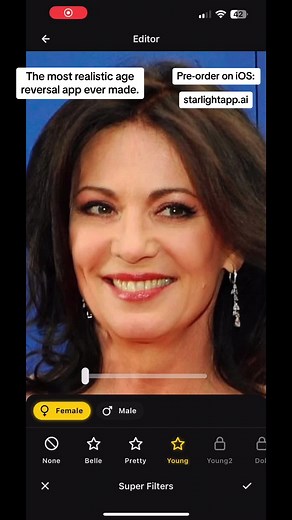 Introducing the most realistic-reversing app ever made! 😱✨ Get ready to turn back the clock and experience the power of youth with Starlight's revolutionary Young Super Filter. 🌟🔥 Launching on iOS on September 28th, 2023, this app lets you effortlessly make yourself look decades younger and gives you complete control over the effect with precision. 🙌💫 Say goodbye to wrinkles, hello to smooth skin, and embrace a whole new level of confidence. Don't miss out on this game-changing technology –