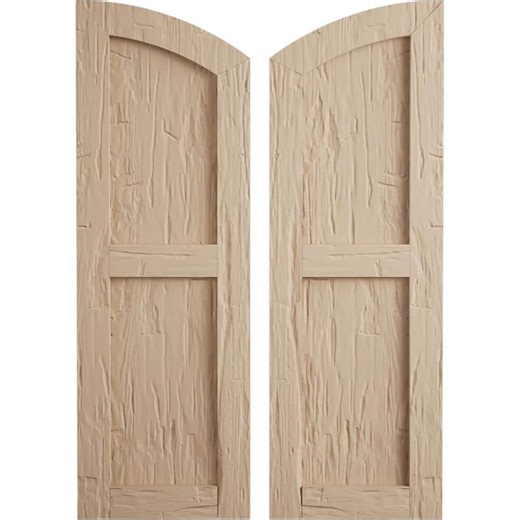 Check The Home Depot's Q&A Before Buying: Ekena Millwork 18 in. x 76 in. Polyurethane Hand Hewn 2 Equal Flat Panel Elliptical Top Faux Wood Shutters Primed Tan