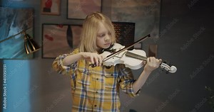 Home lesson boy kid playing the violin. Creative music activities for children during coronavirus covid 19 quarantine. Elementary school talented pupil learning and practice string music at home Stock Video