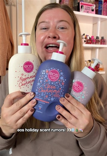 Everyone’s been buzzing about the new eos holiday scent rumors and I am super intrigued about these possible new scents! 👀❄️🎄🍬 @eos Products The rumored scents are: Frosted Plum & Amber Cotton Candy Fleur Cozy Comfort We will have to see when the actual announcement happens but I can’t wait to hunt these down and smell them 🥰 Hope we do still get to see cocoa cashmere and peppermint cashmere make a reappearance too! #eoslotion #bodyproducts #bodylotion #bodymist #eos