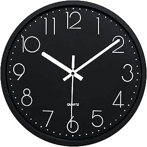Plumeet Wall Clock, 12'' Bedroom Wall Clocks Battery Operated, Silent Quartz Clock Decorate Kitchen Living Room, 3D Numbers Display Easy to Read, Black