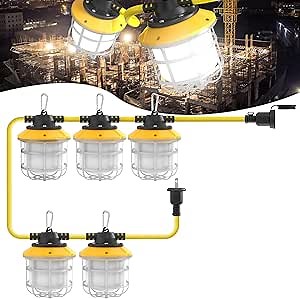 50FT Construction String Lights 50W LED Temporary Lighting 7000LM for Construction Sites LED String Work Lights, Renovation, Jobsite,Outdoor Lighting with 5 Bulbs and Hook