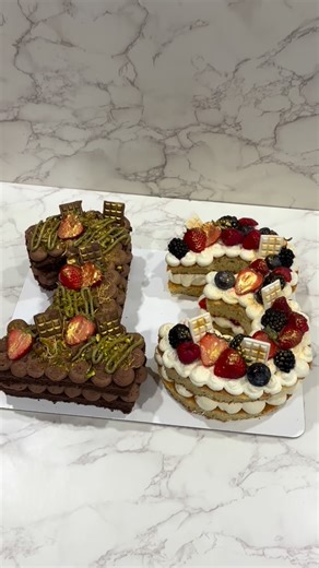 Caromel desserts on Instagram: "Our numbers cakes are always a big hit! We can always accommodate any customization or themes ☺️ Details✨ Number 1 is a Dubai cake filled with our pistachio kunafa mix, chocolate ganache and chocolate mousse Number 3 is a vanilla cake filled with vanilla whipped cream and strawberries, topped with berries, chocolate and vanilla whipped cream Dm to order!! #cake #fyp #coronaca #explore #viral"