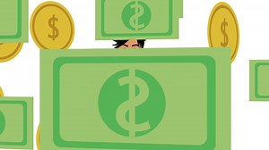 Download a cartoon man hiding behind a pile of money for free