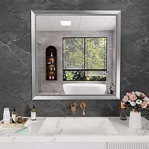 Bathroom Mirror for Wall, 36x36 Inch (Brushed Silver) | HD Reflection, Tempered Glass, Thick Metal Framed Rectangle Mirrors for Over Sink, Bedroom, Living Room, Entryway, Anti-Rust