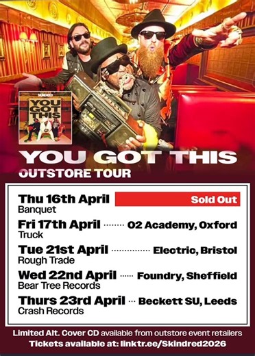 Benji Webbe on Instagram: "Kingston Oxford Bristol Sheffield Leeds So many amazing things coming Skindred’s way with the build up to our new album You Got This. Earache.com/skindred pre order your copy now We got some interment show that’s gunna be so much fun, i mean of epic biblical proportion.. up close & extremely rocking and personal hitting you all with the sound of the OG 01633 punk reggae sound system . Ticket available and some real special tings gunna happen at these interment shows du
