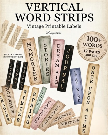 Vintage Vertical Word Strips Printable for Junk Journal, Shabby Chic Mini Labels, Storytelling Ephemera, 100 Words, 14 Pages - Etsy