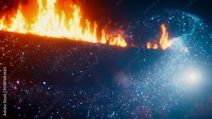 Animated particles flying across a fiery background, creating a dynamic, intense effect with glowing embers and wind-driven motion.