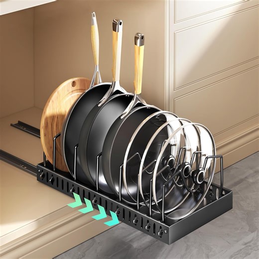 Pull-out Pots and Pans Organizer 1 Pack - Under Cabinet Pot Lid Holder for Kitchen - Bakeware & Dishes Storage Rack with Slide Rails, Black