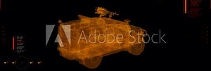 Digital Blueprint Scan of GAZ Tigr 4×4. Multi-Role, All-Terrain Light Armored Vehicle. Futuristic User Interface HUD. Military Reconnaissance 360 View.