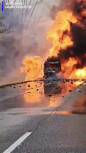 Semitruck carrying spray paint cans caught fire creating a massive inferno as the cans exploded