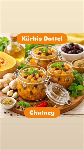 🚨Rezept Alarm🚨 Kürbis Dattel Chutney -zuckerfrei-vegan- Ideal zum Dippen oder Mitnehmen für unterwegs / Büro Zutaten (Zwei 150ml Gläser) 350g Butternut-Kürbis 4 Knoblauchzehen 15g Ingwer 40g g Datteln 1 Msp. Kardamom-Pulver 3 EL Apfelessig 150ml Wasser 3 Zweige frische Minze 1/2 kl. Chilischote 1 EL Rosinen Salz, Pfeffer Zubereitung: Kürbis, Knoblauch und Ingwer schälen und fein hacken. Datteln ebenfalls sehr fein hacken. Mit dem Kardamom zusammen in Essig und Wasser im geschlossenen Topf weic