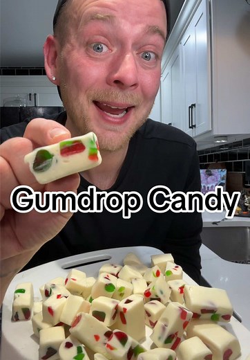 Gumdrop Candy is one of my favorite homemade candies to make every year 😁 #gumdropcandy #gumdrops #nougat #homemadecandy #easyrecipe Gumdrop Candy 1 TBS. Butter 2 C. White Baking Chips 10 oz. Mini Marshmallows 1 box of Gumdrops (6 oz.) Using the double boiler method over medium heat add butter, chips, and marshmallows mixing til melted and smooth. Remove from heat and fold in 1 box of chopped gumdrops. Pour mixture into a parchment lined dish. Refrigerate for minimum 2 hours best to chill overn