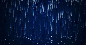Abstract rain of particles, luminous drops fall on the floor, animation of falling neon rain on blue background, moving glowing line, 4k video, motion 3D