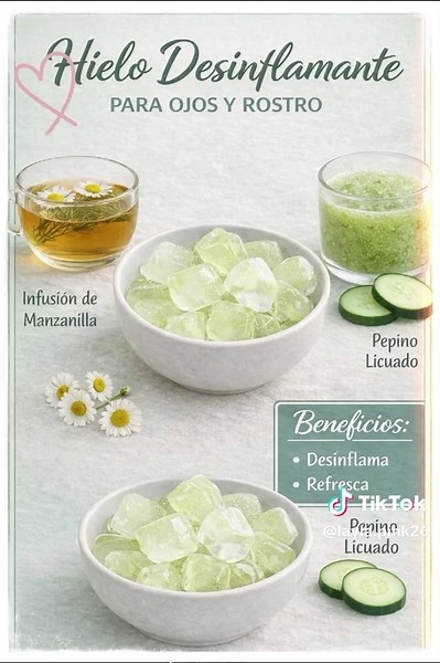 ✨ Hielo desinflamante para ojos y rostro ❄️🌿 Un remedio natural sencillo que ayuda a refrescar la piel, reducir la inflamación y revitalizar el rostro en pocos minutos. Ideal para la rutina de cuidado facial. 💆‍♀️ 🧴 Ingredientes 🌼 Infusión de manzanilla 🥒 Pepino licuado ⚗️ Preparación 1️⃣ Prepara una infusión de manzanilla y deja que se enfríe. 2️⃣ Licúa medio pepino hasta obtener su jugo. 3️⃣ Mezcla ambos ingredientes. 4️⃣ Vierte la mezcla en una cubetera y llévala al congelador hasta que 