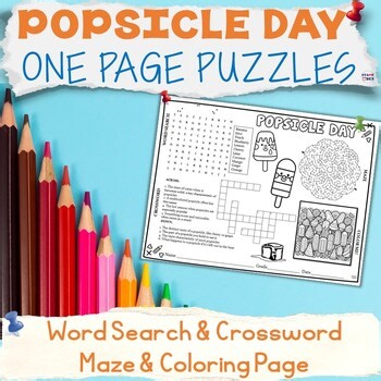 Popsicle Day Placemat Activities - Summer Word Search Crossword Maze Worksheet