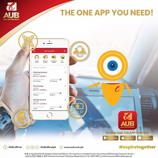 Access all your banking essentials such as your credit cards, bank account, remittance transactions and visit the branch locator in the AUB Mobile App. Continue to fulfill your banking needs online at https://www.aub.com.ph and via the AUB Mobile App TODAY. Download the AUB mobile app now! App Store: https://apple.co/2Qp7xJU Google Play: https://bit.ly/2QmpHfn #AUB #AUBmobileapp | AUB.Official