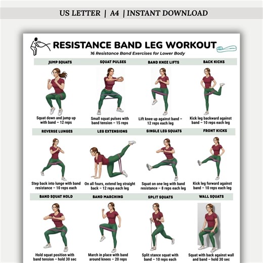 Resistance Band Leg Exercises Printable, Resistance Band Workout Chart, Lower Body Workout Poster, Leg Exercise Chart, Fitness Printable - Etsy