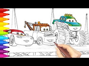 McQueen, Mater and Ivy The Monster Truck in Cars On The Road . Drawing Coloring Pages | Tim Tim TV