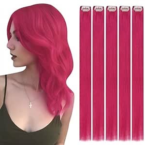 RUNATURE Hot Pink Clip in Hair Extensions Real Human Hair 14 Inch Hair Extensions Clip ins Straight Human Hair Clip in Extensions Pink Colored Hair Extension Clips for Highlight 25g 5pcs