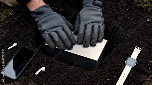 Man wearing gloves burying a metal time capsule labeled USA 2026 into the ground next to a smartphone, earbuds, and smartwatch.