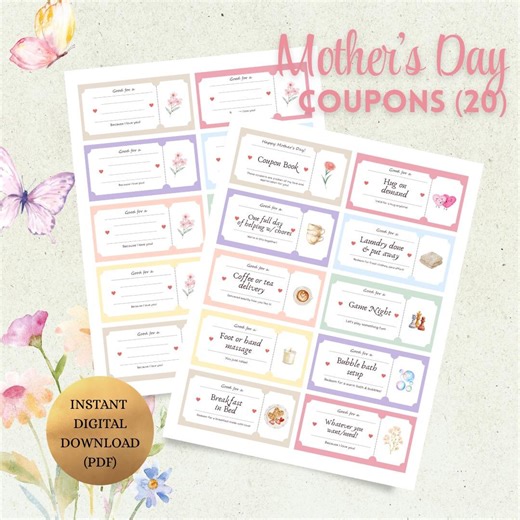 Mother's Day Cut-out Coupons | Kids Printable Gifts for Mom | 20 Piece (instant PDF Download) - Etsy