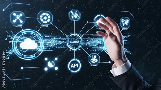 Cloud Computing Interface Display - This video shows a man's hand gesturing towards a holographic cloud computing interface with floating icons.