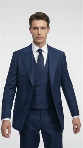 Tiglio Rosso French Blue Double Breasted Wool Suit, Classic Fit Peak Lapel Suit with Pleated Pants
